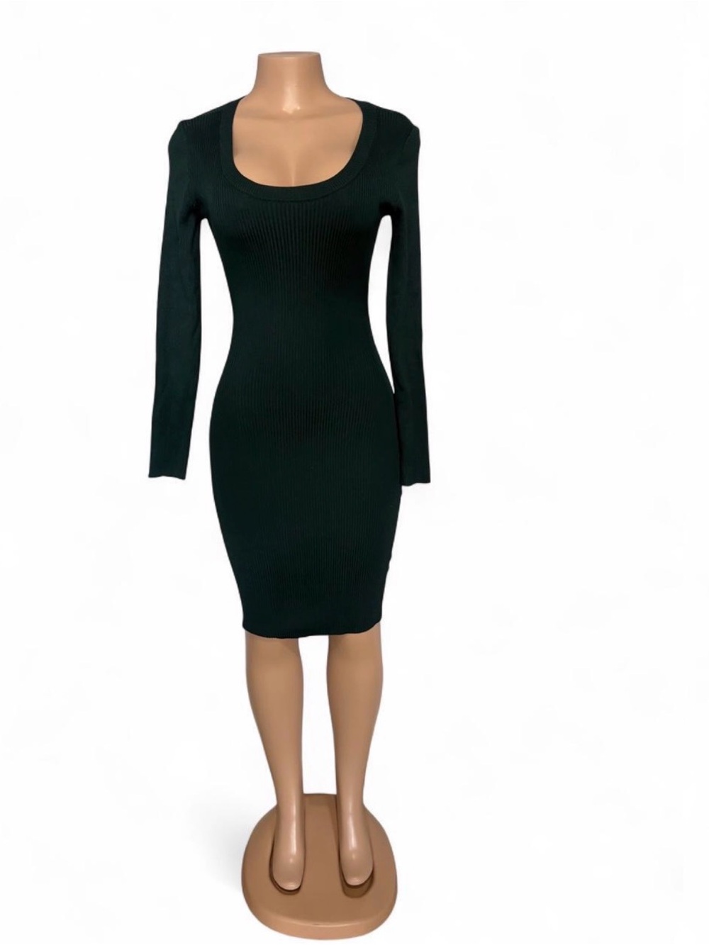Fashion Nova Dark Green Ribbed Long Sleeve Scoop Neck Bodycon Dress